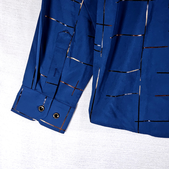 Manfinity Shirt Size M Blue w Gold Foil Plaid Long Sleeve ButtonUp Stretch NWOT - Picture 7 of 10